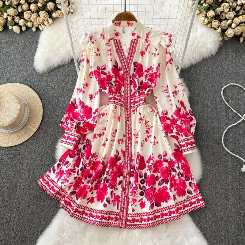 

Women Dress Elegant spring fashion Court Style Lantern Sleeve Single breasted Positioning Printed collect waist Vintage Dress