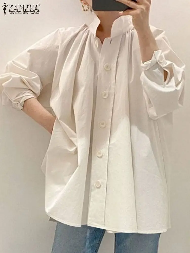 

ZANZEA Women Fashion Long Sleeve Blouse Elegant Solid Pleated Shirt Casual Button Blusas Work Holiday Shirt Tunic Tops Femme