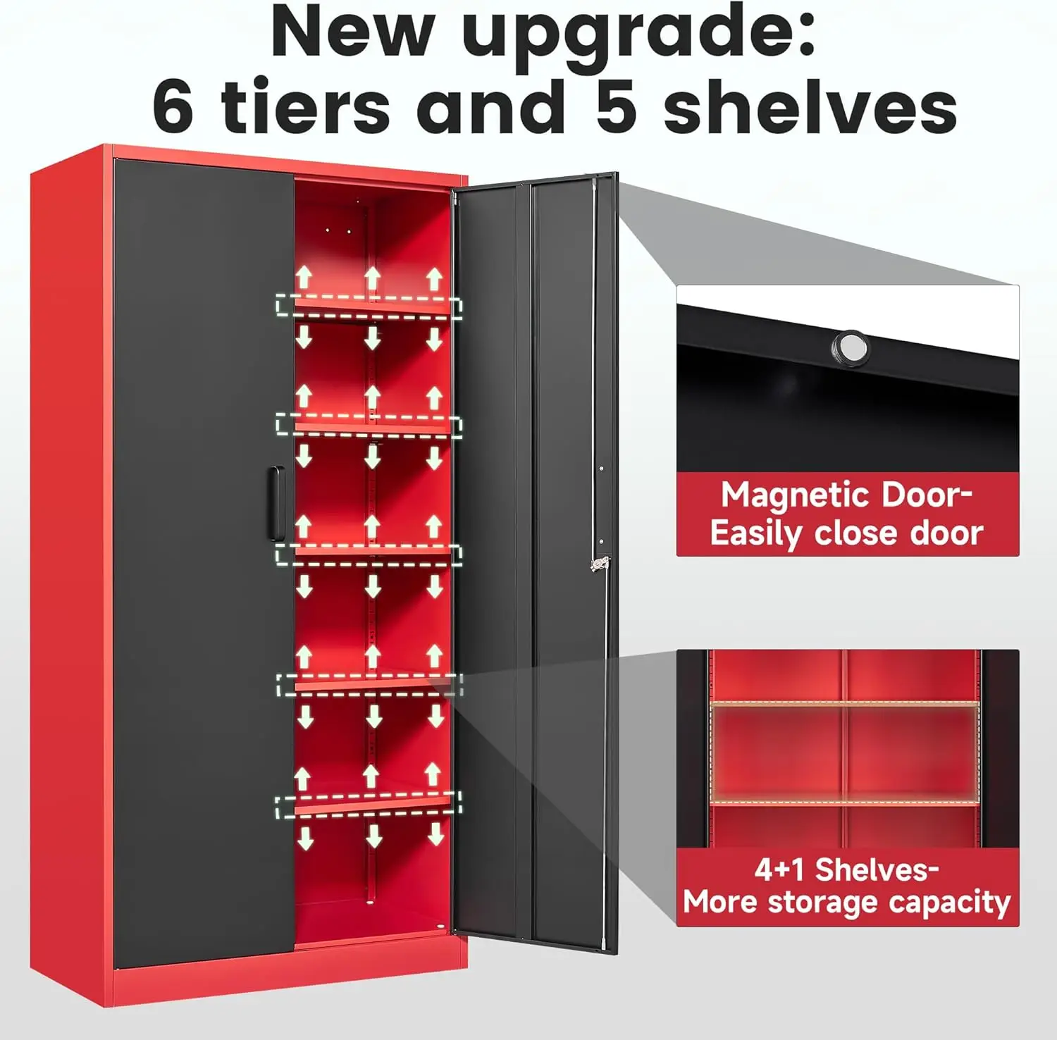 Metal Garage Storage Cabinets with Lock, 72" Tall Locker Organizer Steel Tool Cabinets,5 Adjustable Shelves 2 Doors (Black Red) 4