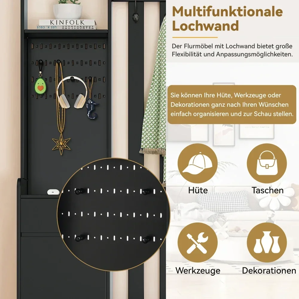 Kleidungsset mit Bank, multifunktionale Aufbewahrungsbank, offener Stauraum, 6 goldene Haken und Füße, geeignet für Flur, Wohnzimmer, Schwarz – Detail 32