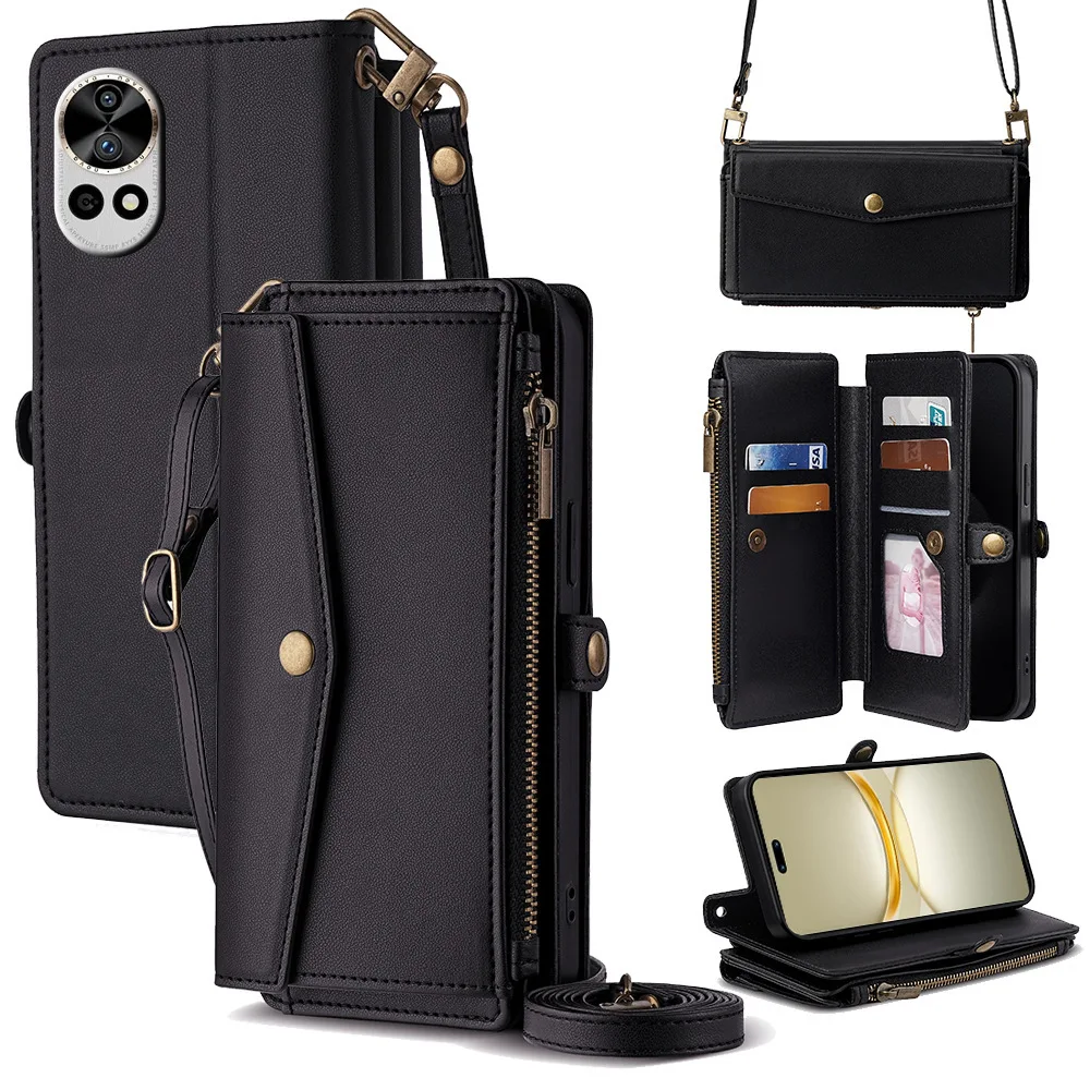 Versatile 6-Card Leather Wallet Case with Crossbody Strap and Wristlet