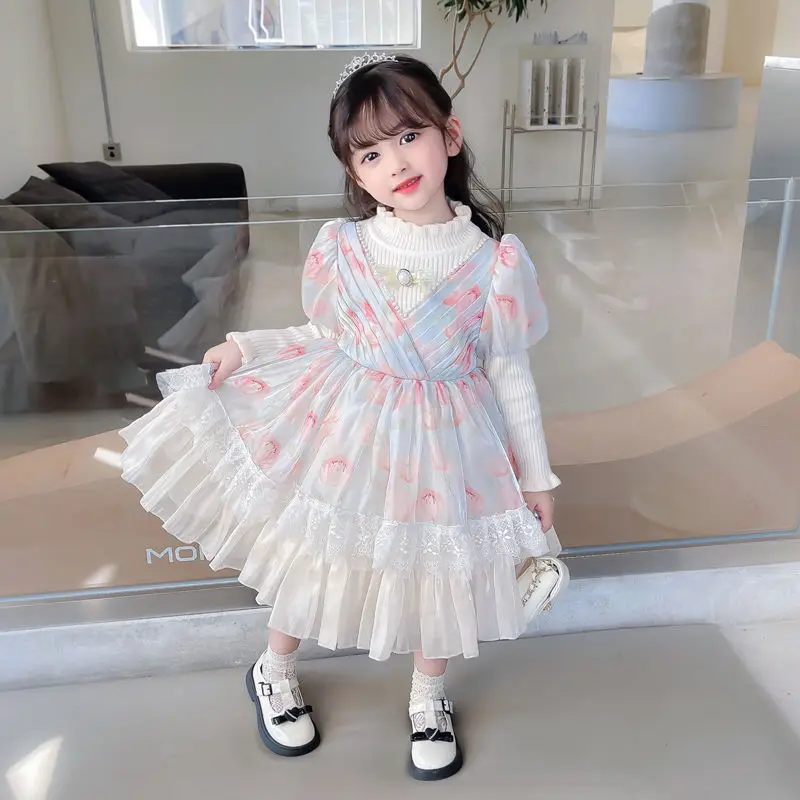 Girls' Spring and Autumn Lolita Velvet Padded Dress New Children's Knitted Birthday