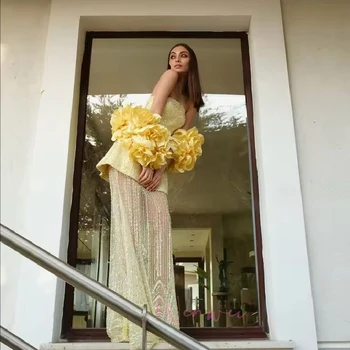 Customized Yellow Evening Dresses A-line Wedding Dress Shawl 3D Flowers Beading robes de soirée Two-Piece Set Strapless