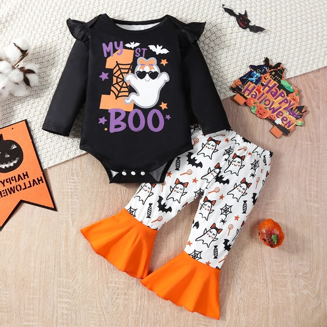 Baby Girl Fall Outfits Letter Ghost Spider Web Bat Print Long Sleeve  Rompers Flare Pants 2Pcs Halloween Clothes Set - AliExpress