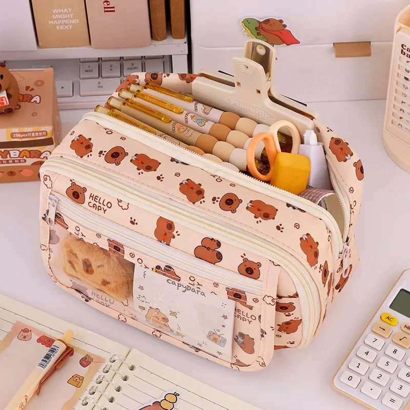 Pencil Case Capybara Multi-Layer Large Capacity Cartoon Stationery Organizer Cute Multi-Functional Pen Pouch for School Supplies pencil case