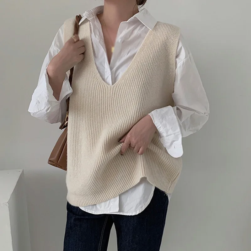 

Spring Women's Knitted Vest Sleeveless Top Large Size Outer Wear Loose V-neck Tank Tops Sleeveless All Match Top Pullover