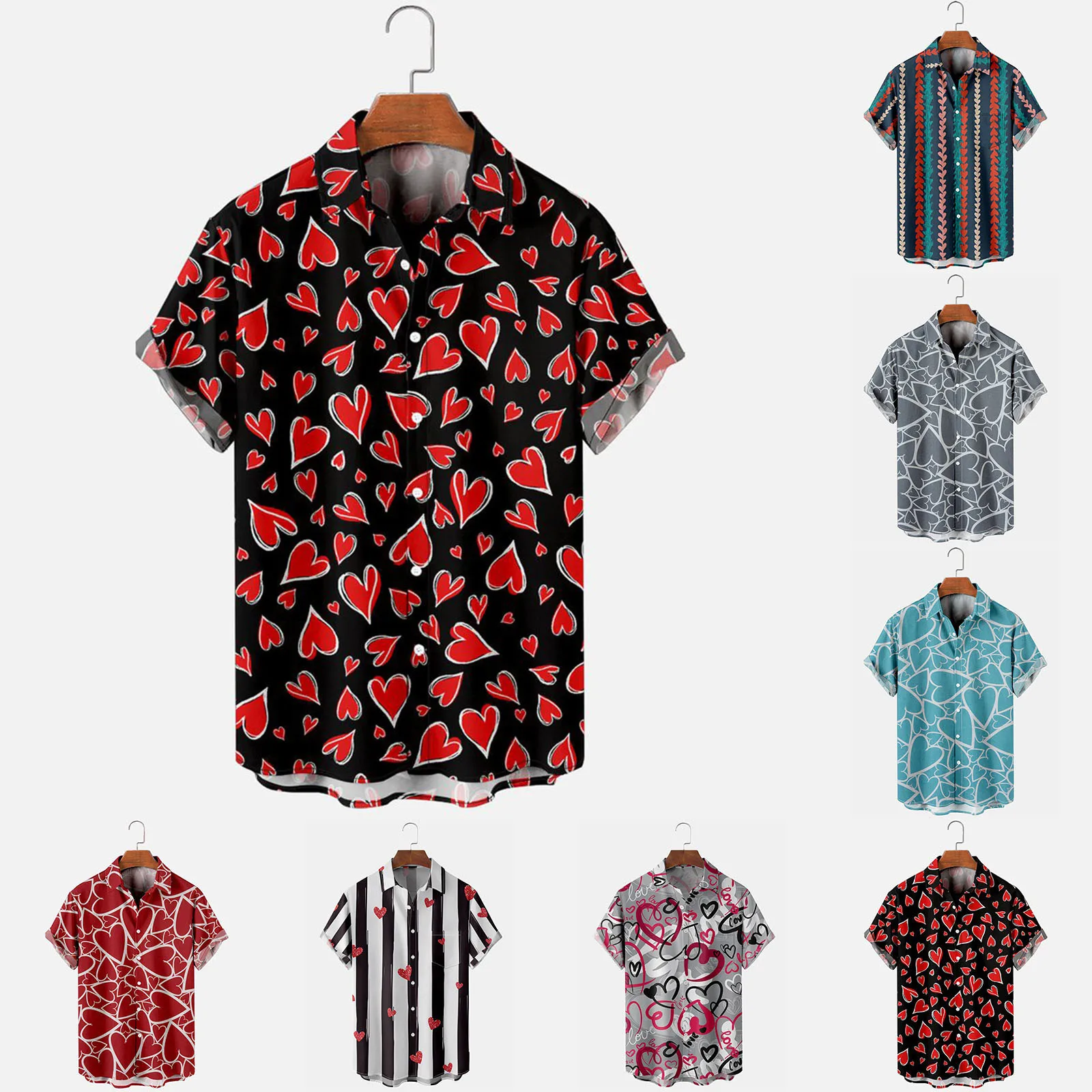 

Valentine's Day Mens Daily Valentine's Day Santa Gift 3D Digital Printing Button Lapel Short Gift For Lovers Couple Clothes