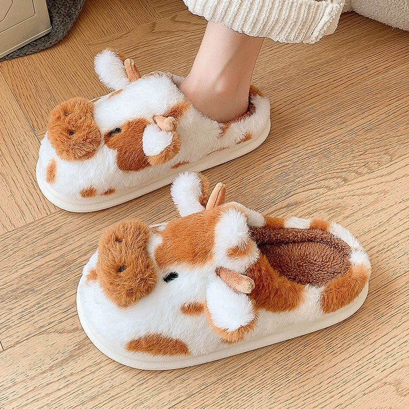Casual Fluffy Slippers Women House Cute Cartoon Cow Designer Shoes Girl Flat Fashion Elegant Plush Winter Platform Footwear Home — view 3