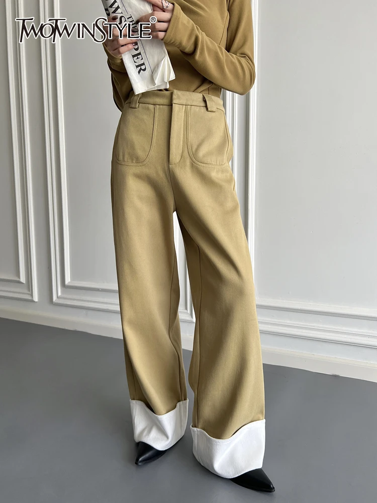 

TWOTWINSTYLE Colorblock Casual Wide Leg Pant For Women High Waist Patchwork Pocket Vintage Full Length Pants Female Fashion New