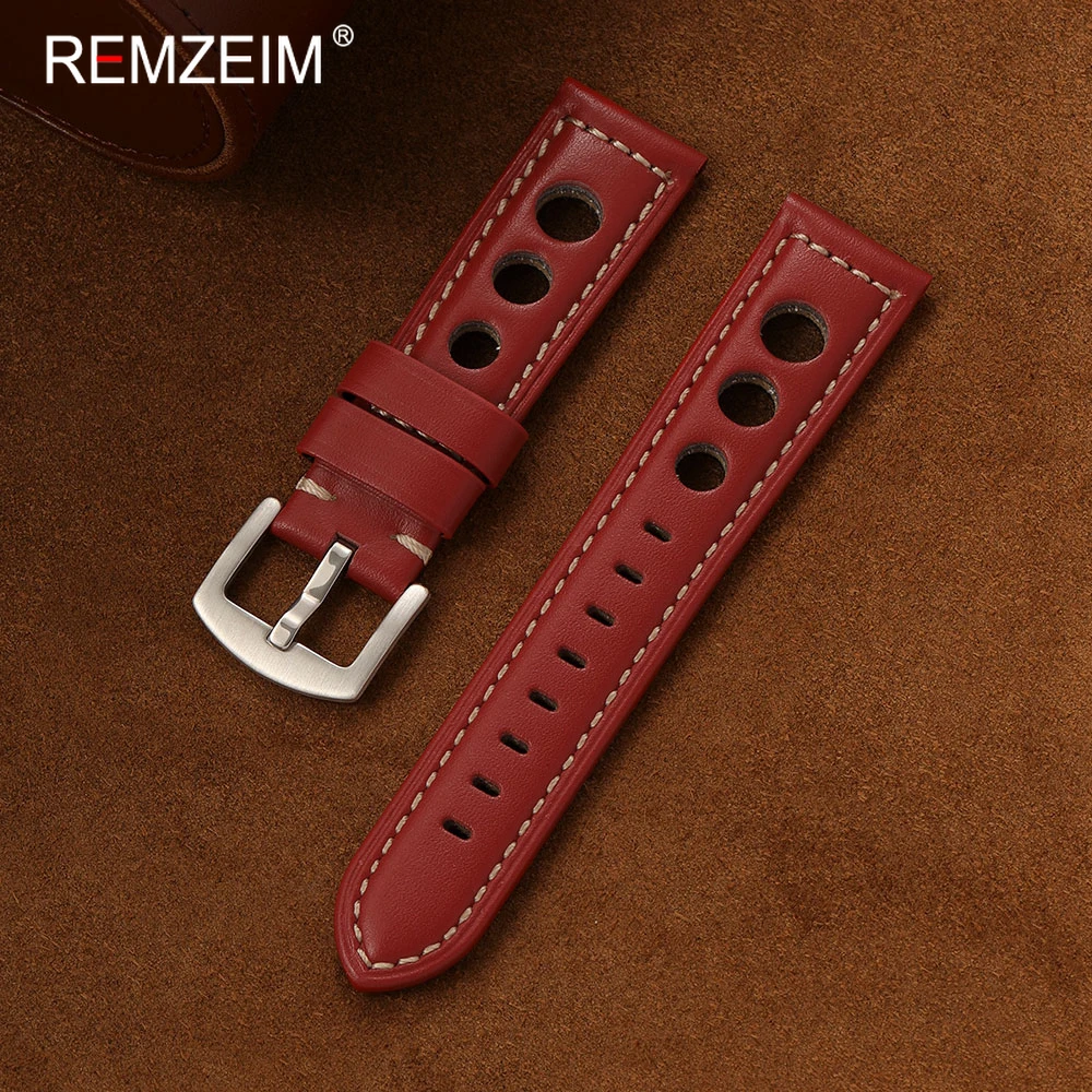 Men's Vintage Perforated Genuine Leather Watch Band - Breathable Replacement Strap