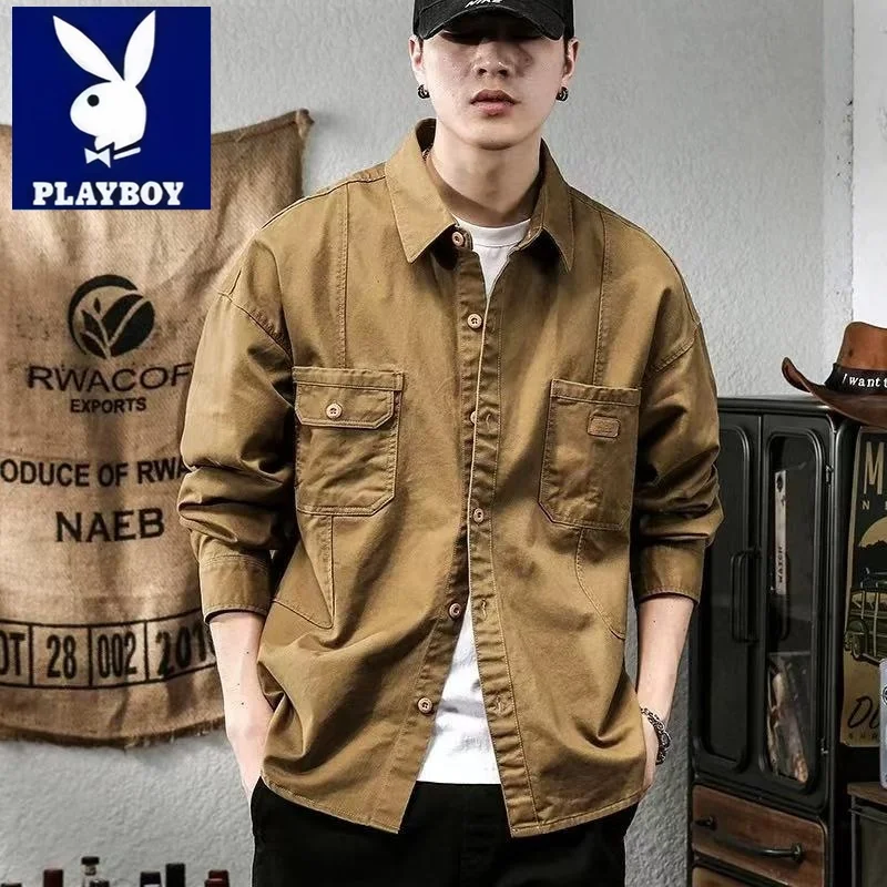 플레이보이 남성용 긴팔 작업복 재킷 심플하고 다재다능한 폴로 셔츠 코튼 따뜻한 형태 메모리 버튼업 캐주얼 아메리칸 스타일