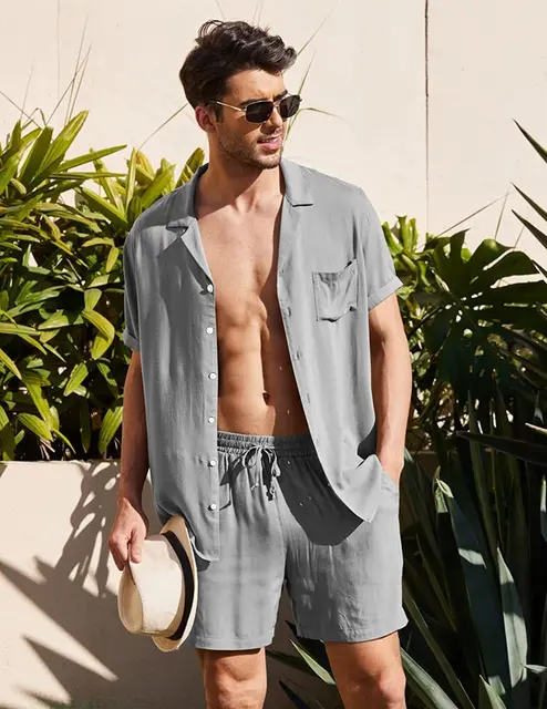 Summer Cotton Linen Shirt Set Men's Casual Outdoor 2-Piece Suit Andhome Clothes Pajamas Comfy Breathable Beach Short Sleeve Sets Gray