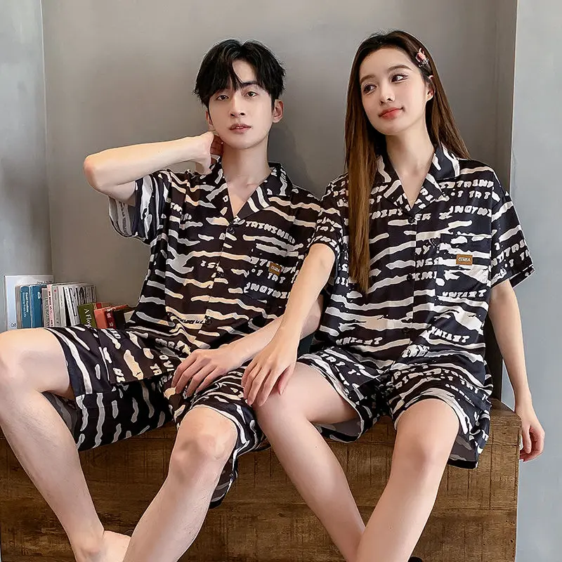 Summer Couple Pajamas Sets Short Sleeve Cardigan Shorts Two Piece Loungewear Sleepwear Silk Print Nightwear High-end Lounge Set