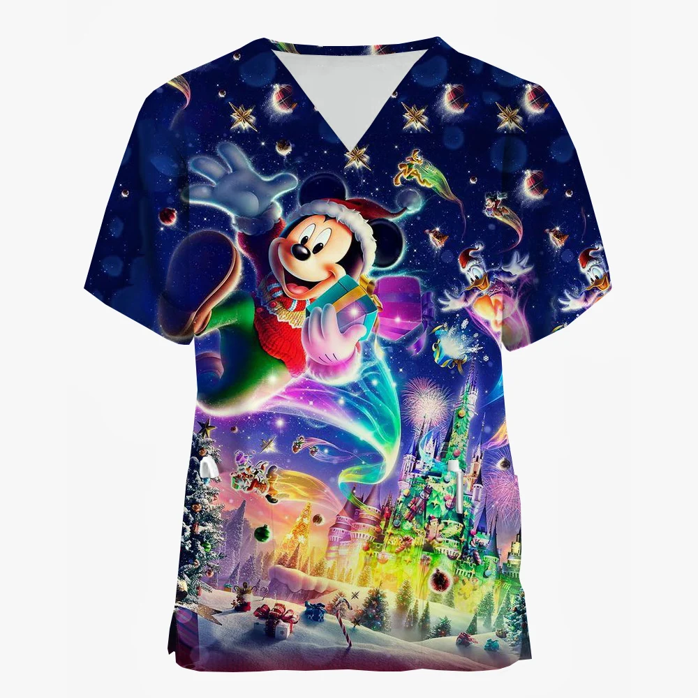 Women Care Nurse Uniform T-Shirt Disney Mickey Mouse Minnie print Christmas Printed Short Sleeve Holiday Pattern Workwear Blous