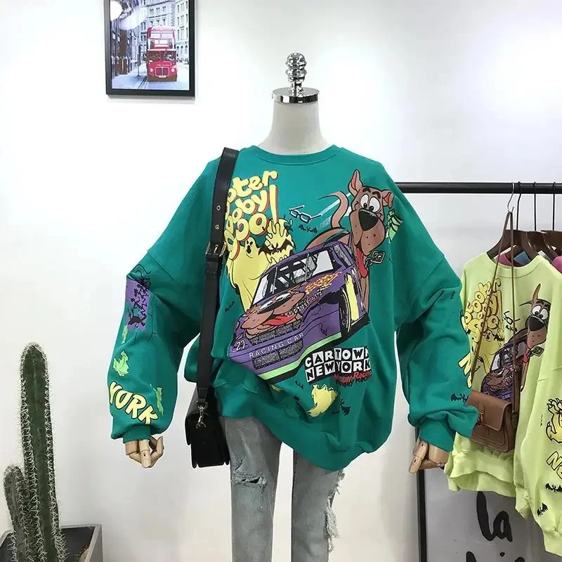 

Женский уличный свитер в стиле ретро, свободный утепленный Топ с длинным рукавом и круглым вырезом, с мультяшным принтом, в Корейском стиле, весна-осень