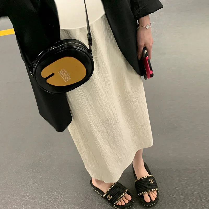 Maternity Midi Skirt Textured Folded Women Summer Thin Loose Long Straight Slit Skirts Maternity Dresses Female Belly Cover