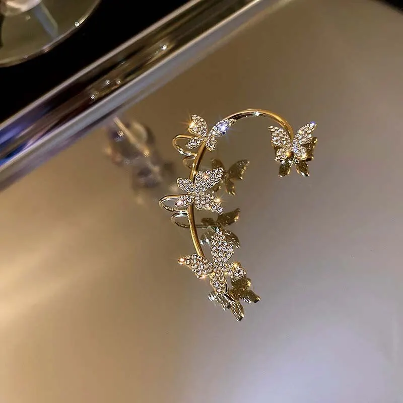 Ear Clip Earrings Sparkling Butterfly For Women Rhinestone Crystal Buckle Without Piercing Party Wedding Jewelry