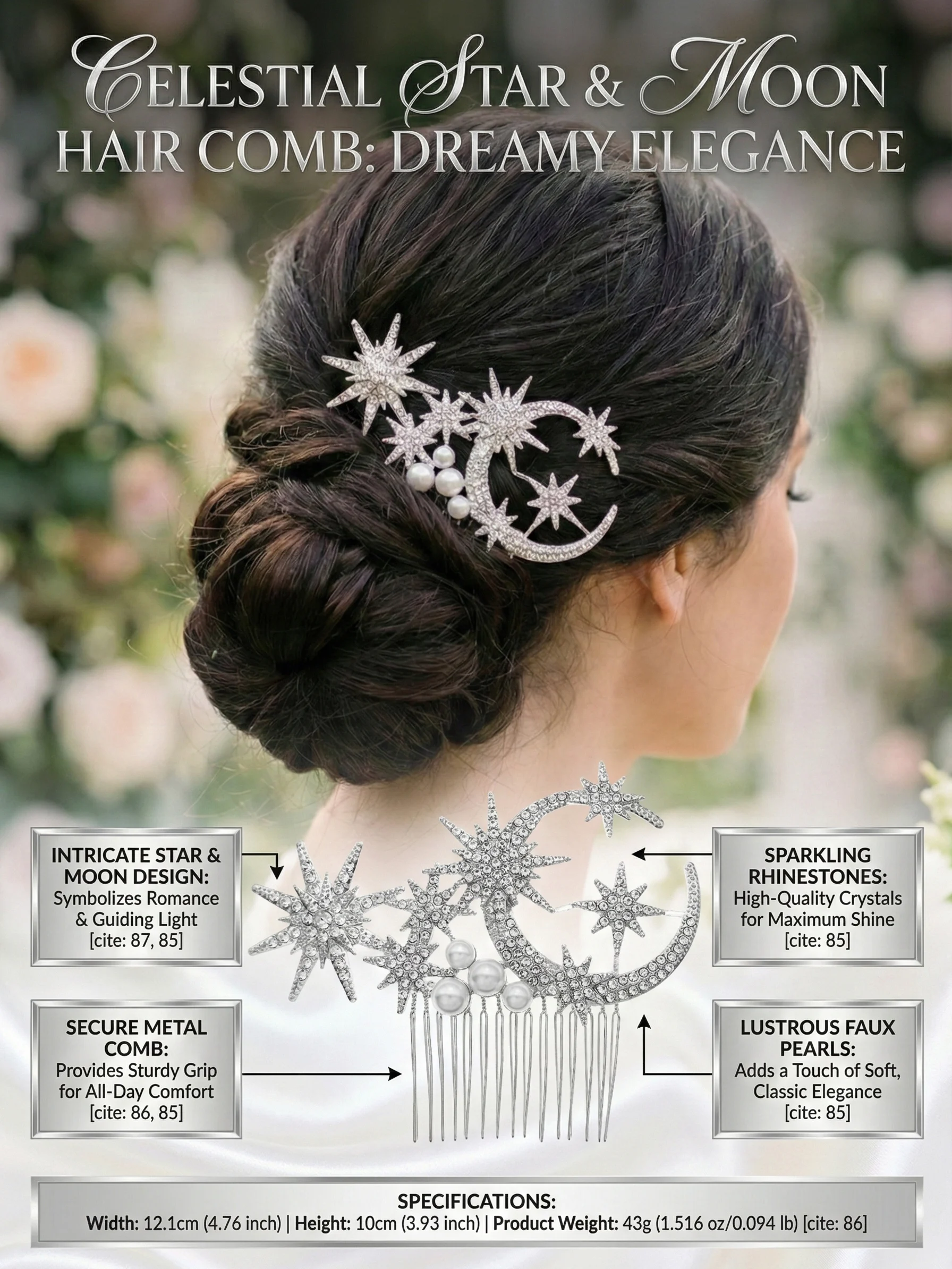 Silber Luxus Strass Braut Haarkamm Neue Mond und Sterne Damen Haarspangen Mode Perle Hochzeit Haarschmuck – Detail 1