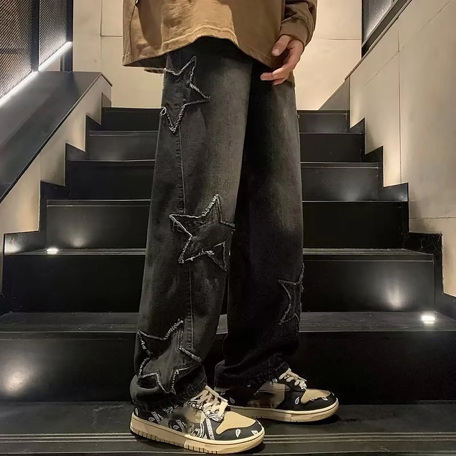 Men Hip Hop Lightning Embroidered Straight Boyfriend Jeans