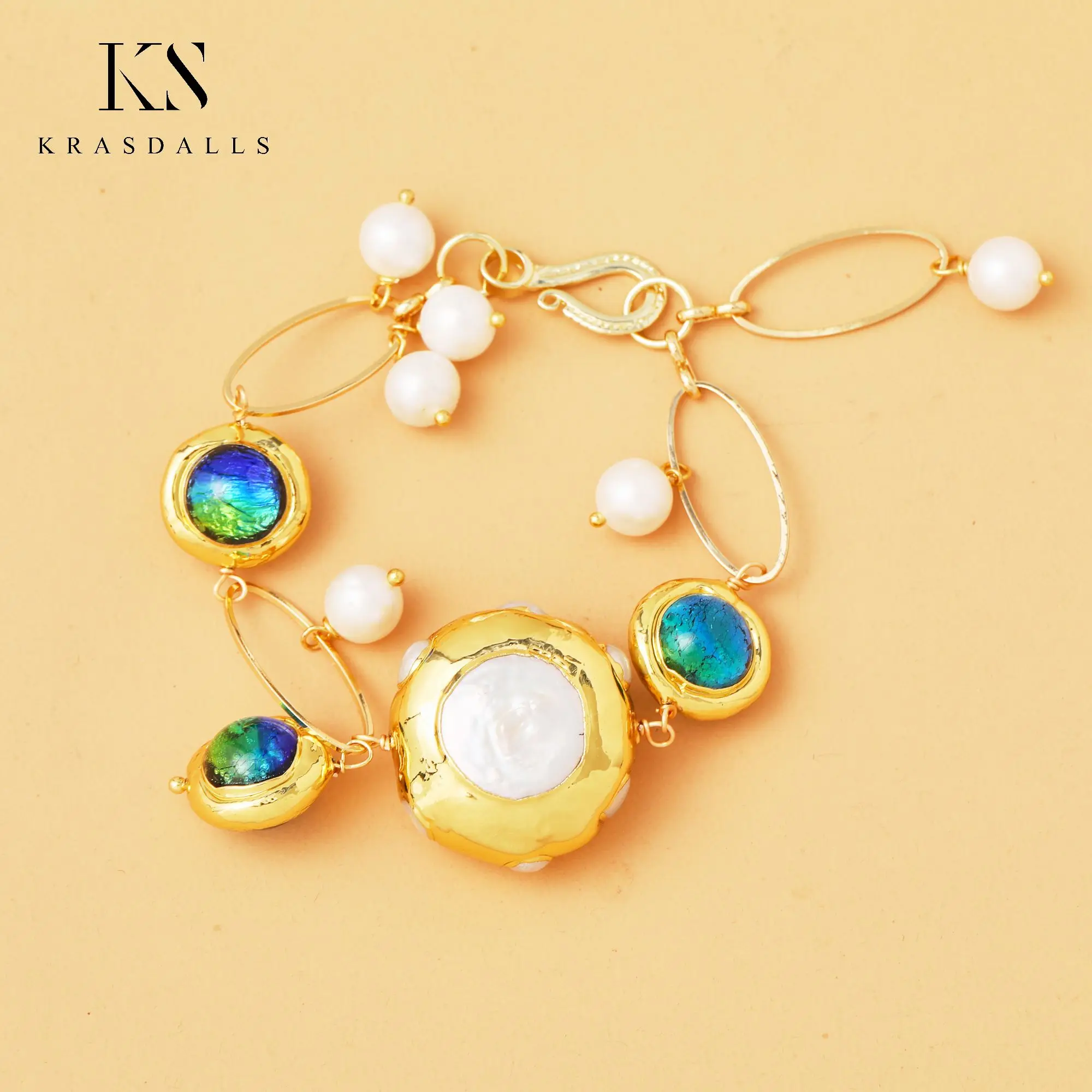 Natural Freshwater Pearl Bracelet Gold Plated Edged Blue Murano Glass Bracelets Fashion Jewelry Lady Gift