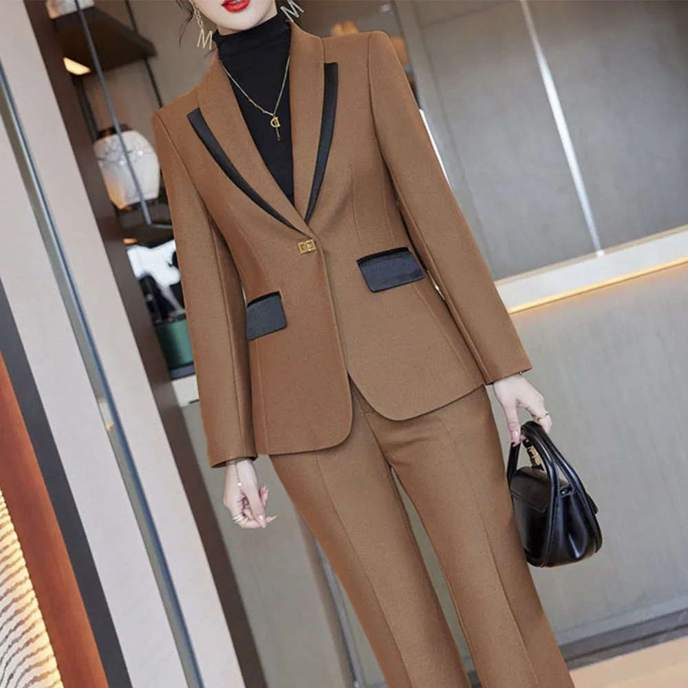 Tesco Business Suit For Office Lady Women Blazer Coat+Pants 2 Piece Solid Formal Women's Outfits Color Match Collar Jacket