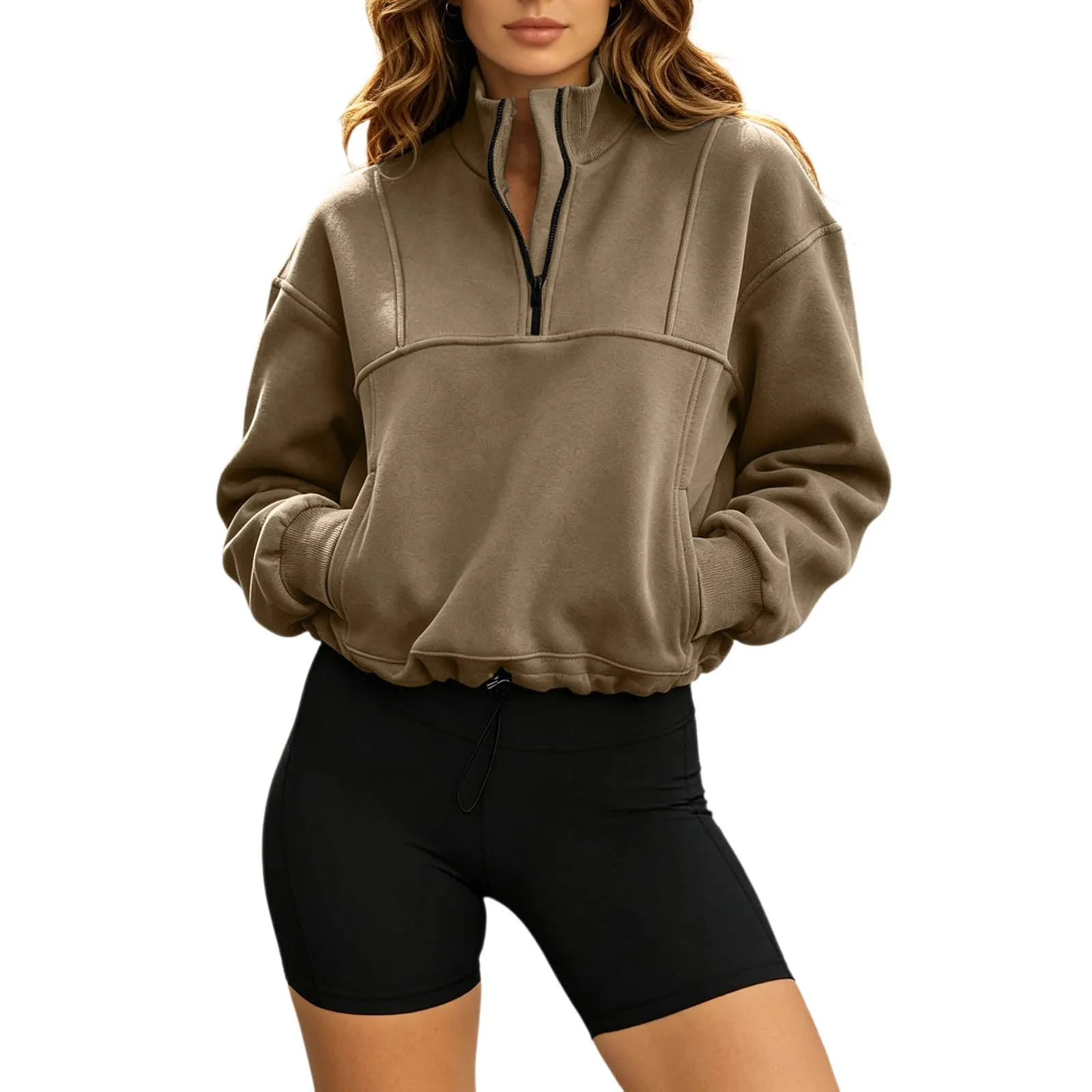 Women Half Zip Cropped Sweatshirt Stand Collar Long Sleeve Drawstring Hem Pullover With Pockets Loose Casual Y2k Cropped Hoodies