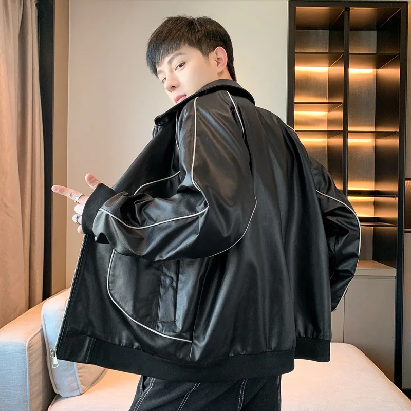 Men's Motorcycle Leather Jacket 2024 Autumn Fashion Classic Pocket Lapel Slim Fit PU Coat Street Windproof Men's Leather Jacket
