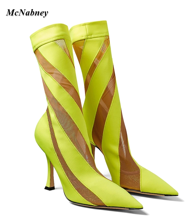 

Sexy Woman Stretch Fabric High Heel Mid-Calf Boots Summer New Pointed Toe Mesh Mixed Color Elastic Sock Boots Slip On Lady Shoes
