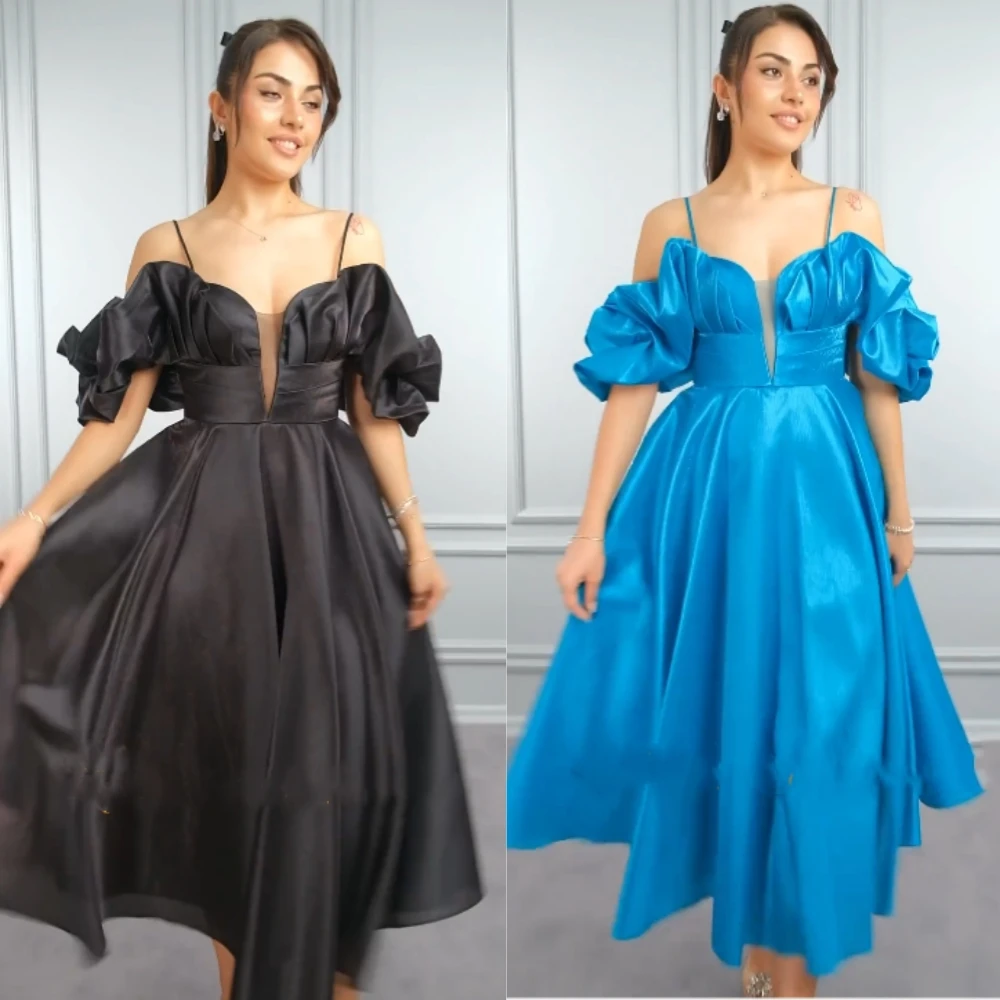 Satin Draped Pleat Cocktail Party A-line Spaghetti Strap Bespoke Occasion Gown Midi Dresses