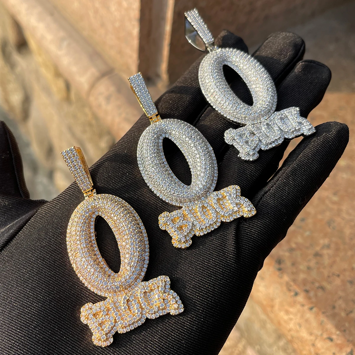 Bubble Letter Iced Out O Block Pendant Real Gold Plated Cubic Zirconia Micro Pave Hip Hop Jewelry