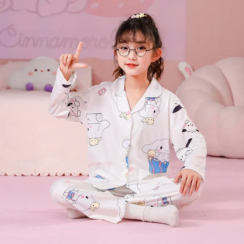 

Sanrio Cinnamoroll Kids Girl Pajamas Kuromi My Melody Children Comfortable Milk Silk Casual Loose V-neck Long Sleeved Pajamas