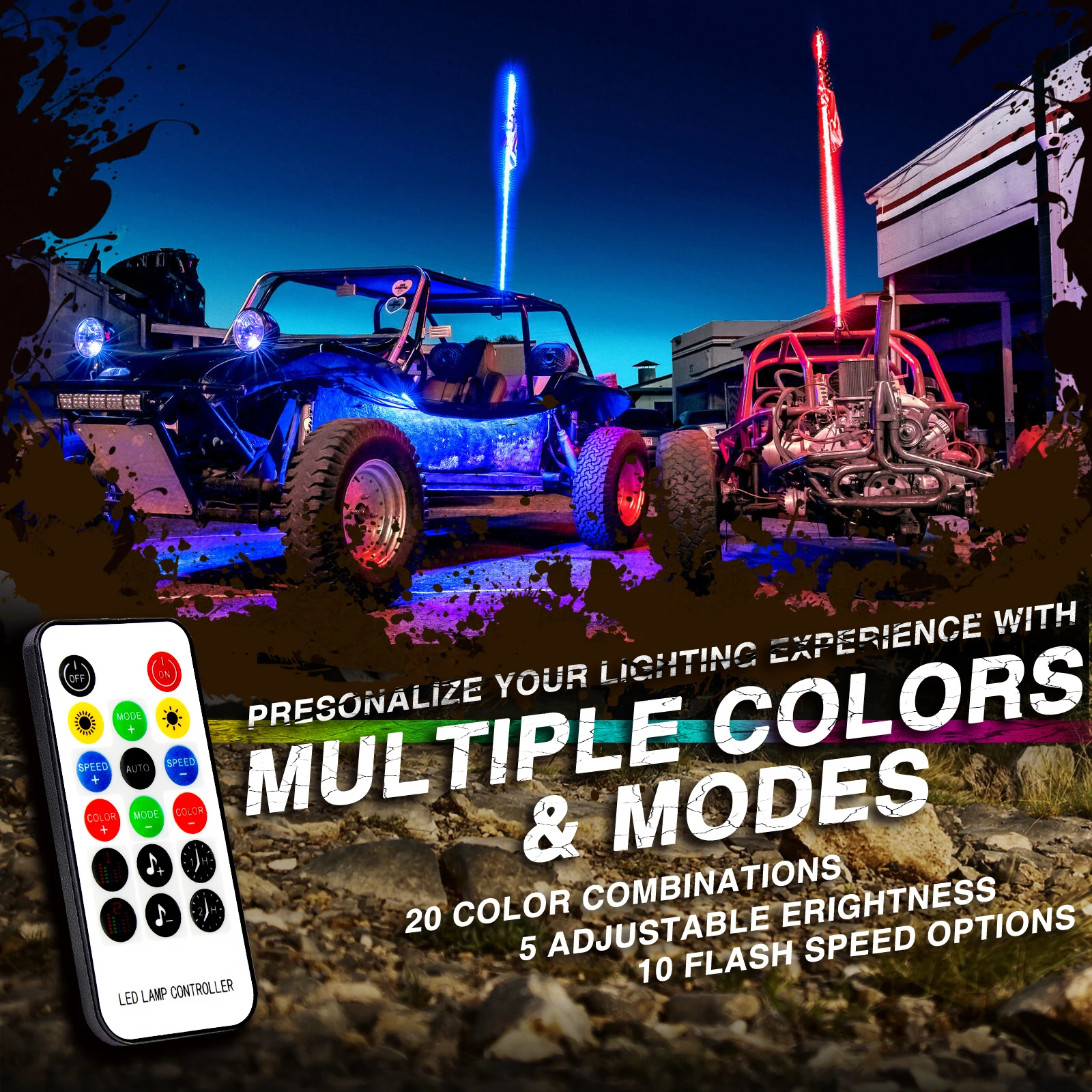 

2pcs 3/4 ft LED LED Whip Light RGB Waterproof Multi-Color Flagpole Lamp Bowlight For Offroad Sand Rails Buggies SxS ATV RZR