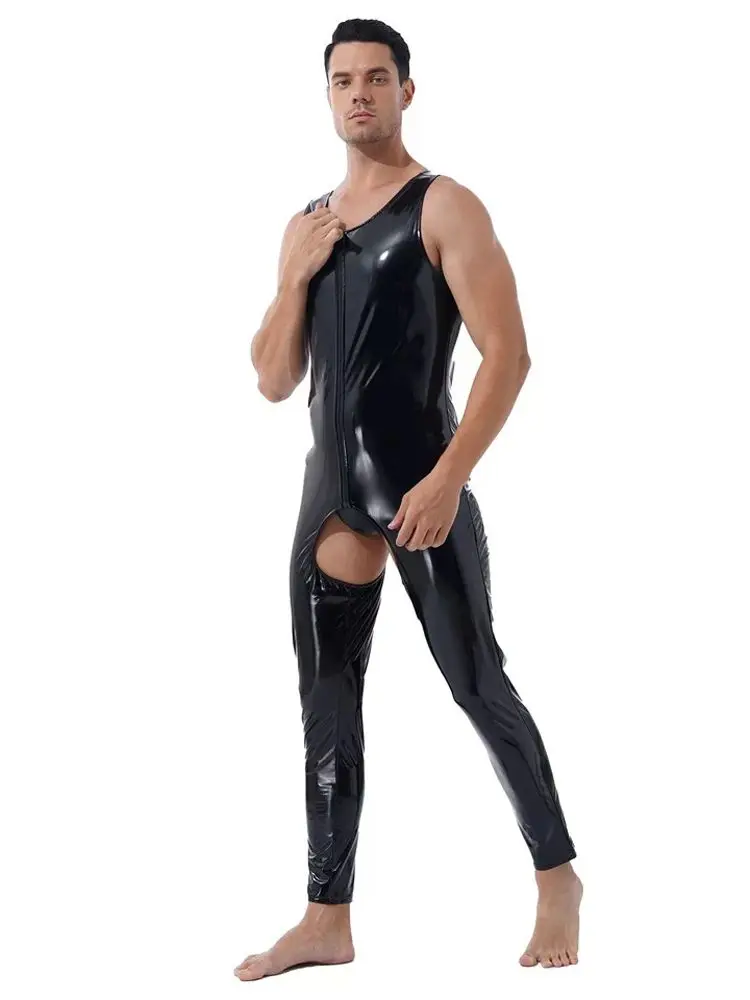 S-7XL Sleeveless Wet Look PVC Catsuit Shiny PU Leather Open Crotch Bodysuit Tights Sexy Leotard Conjoined Hot Shapers Jumpsuit Cosplay Costume Latex Lingerie Women Bondage Lingerie