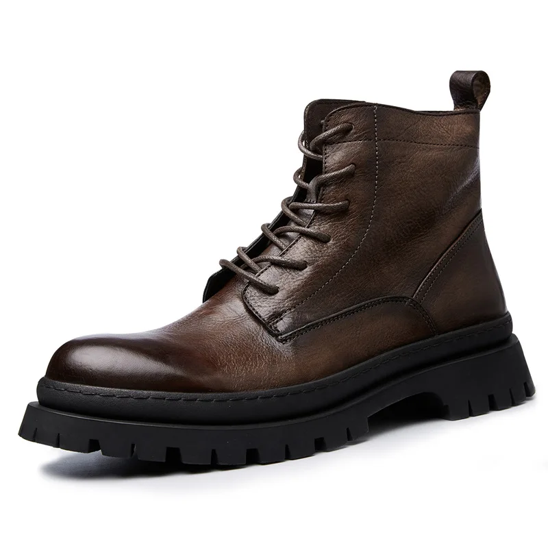 Stivaletto Da Esterno Stivali Da Motociclista Da Uomo In Vera Pelle Di Alta Qualità Con Punta Arrotondata In Pelle Bovina Naturale Con Lacci Vintage A