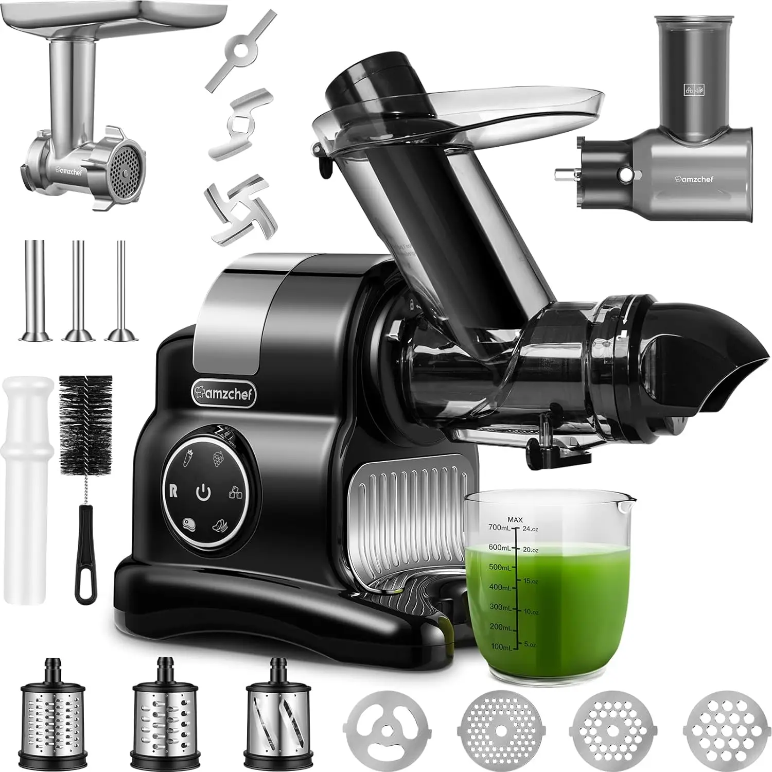 

AMZCHEF-5 in 1 Slow Masticating Juicer with Slicer and Shredder Attachment, Juice Vegetable Extractor