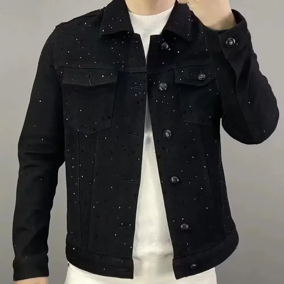 thumbnail image 1 of Chaqueta vaquera negra de otoño estilo hip hop con botones y diamantes de imitación para hombre, abrigo vaquero para hombre, rock elástico, entrega rápida, precio económico, lujo elegante, 1 of 5