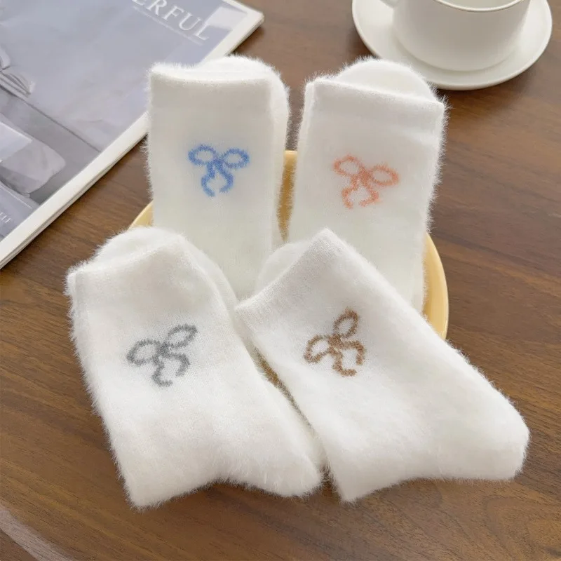 Cozy Faux Mink Velvet Mid-calf Bow Print Socks Women Girls Autumn Winter Thickened Plush Keep Warm Hosiery Soft Sleep Home Socks