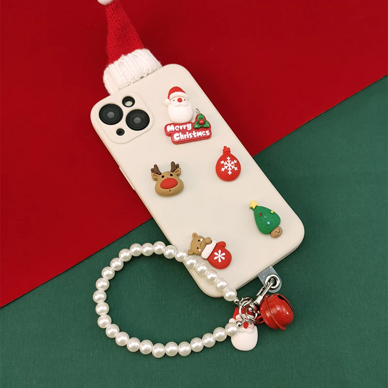 Mobile Phone Lanyard Short Christmas Wrist Chain Bell Santa Claus Pearl Handmade Beaded Pendant Hanging Tag Anti Loss Sling