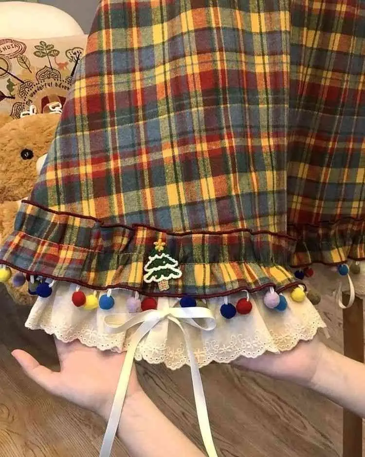 Rainbow candy bean plaid retro salt series colorful plaid pleated skirt autumn and winter half lace cute skirt