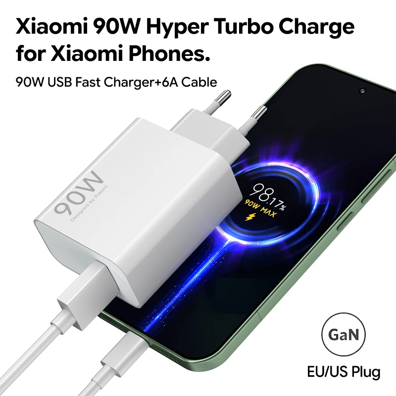 90W USB Fast Charger EU Turbo with Type C USB Charging Cable