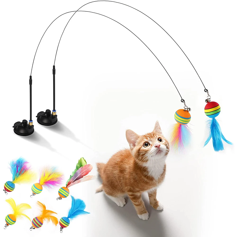 Cat Toys Interactive Funny Cat Feather Wand Suction Cup Ball Feathers 