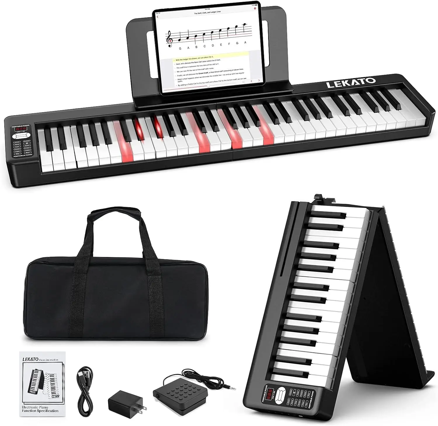 

61 Key Folding Piano Keyboard, Semi-Weighted Keys Portable Electric Piano with Music Rest, Travel Bag, Piano Pedal, Bluetooth MI