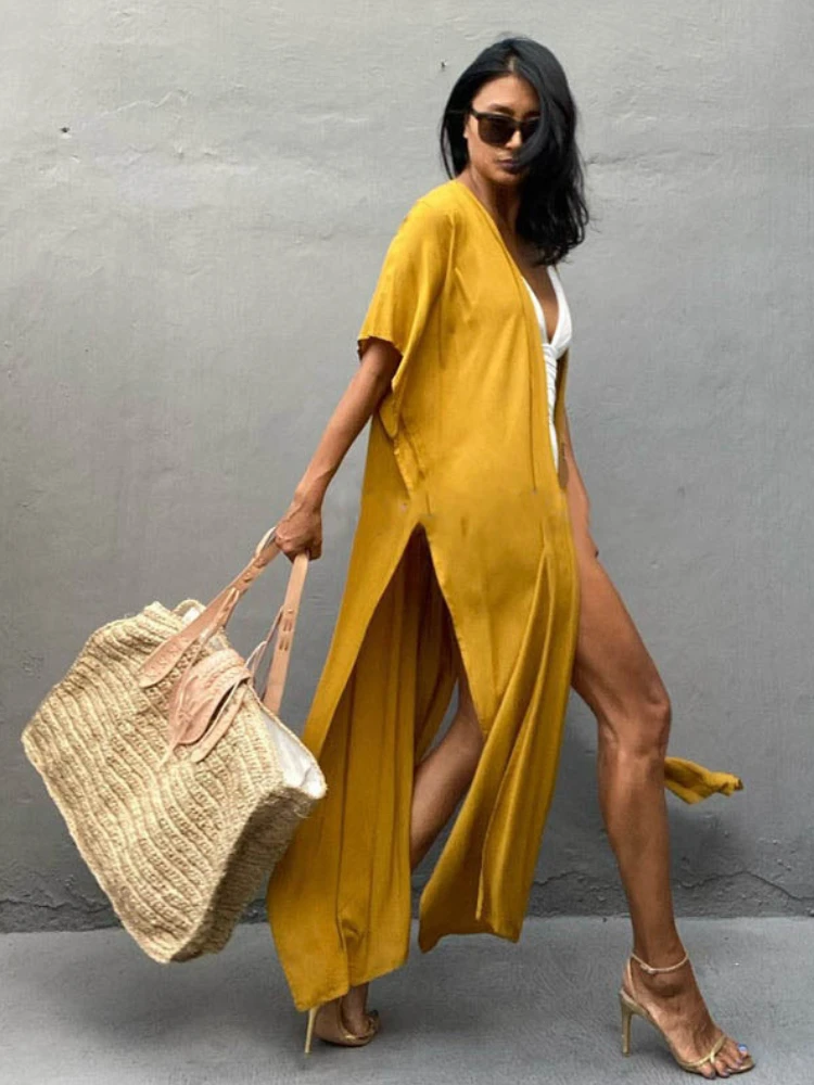 Swimsuit Cover Ups for Women Beach Cape Tunic Kimono Summer Belted Split Wrap Dresses Pareo Holiday Bathing Suits Factory Supply - 6