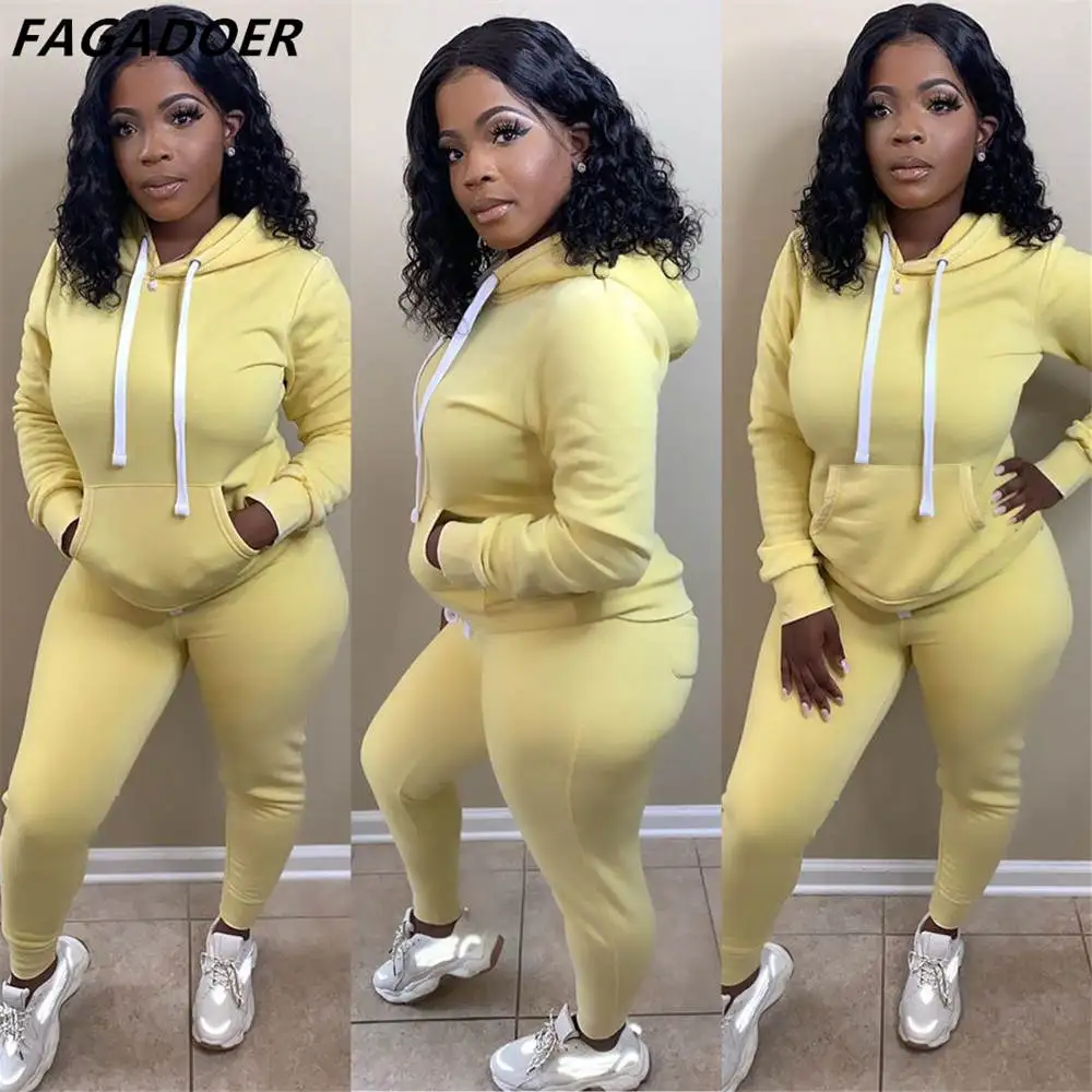 FAGADOER Fall Winter Tracksuits Women Solid Color Hooded Sweatshirt And Jogger Pants Two Piece Sets Casual Sporty 2pcs Outfits