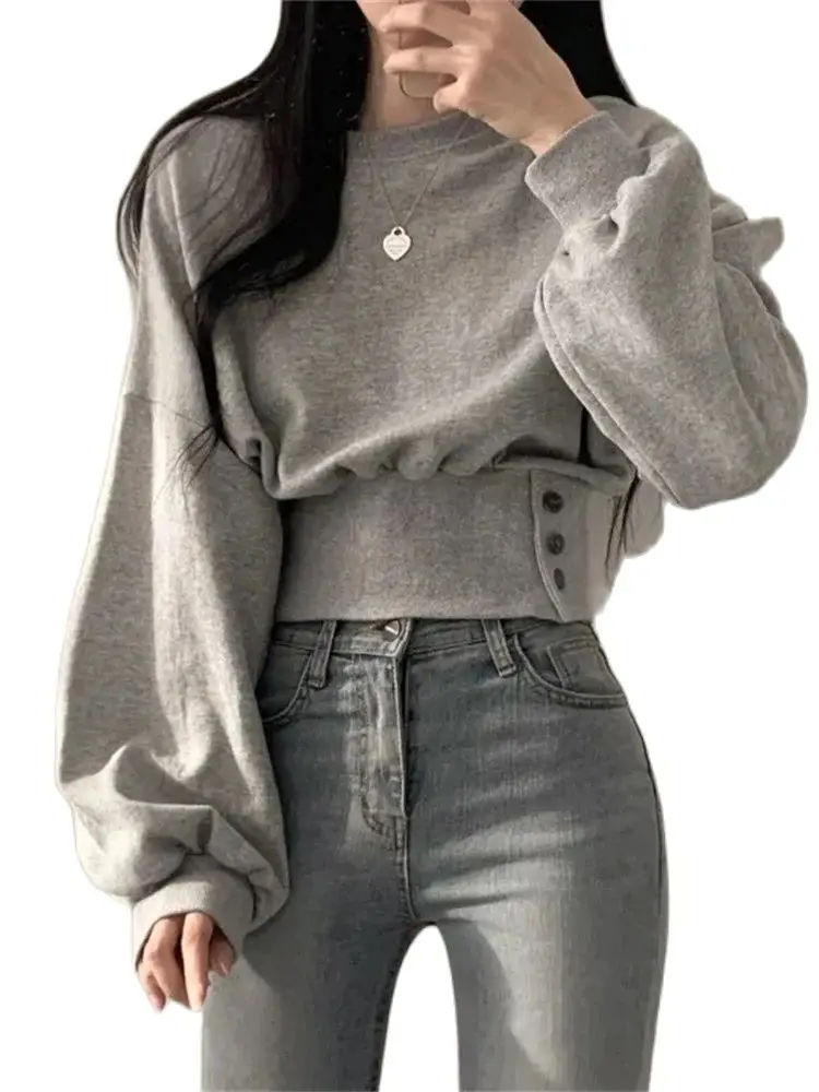 

Botvotee Solid Sweatshirt Women 2024 Korean Fashion Loose O Neck Long Sleeve Tops Casual Chic Button Up Office Ladies Pullover