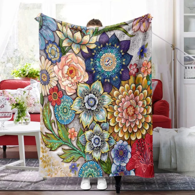 

Bohemian Floral Fleece Blanket Colorful Boho Flower Decorative Throw for Sofa Bedroom Bed Blankets Soft Flannel Bedding Cover