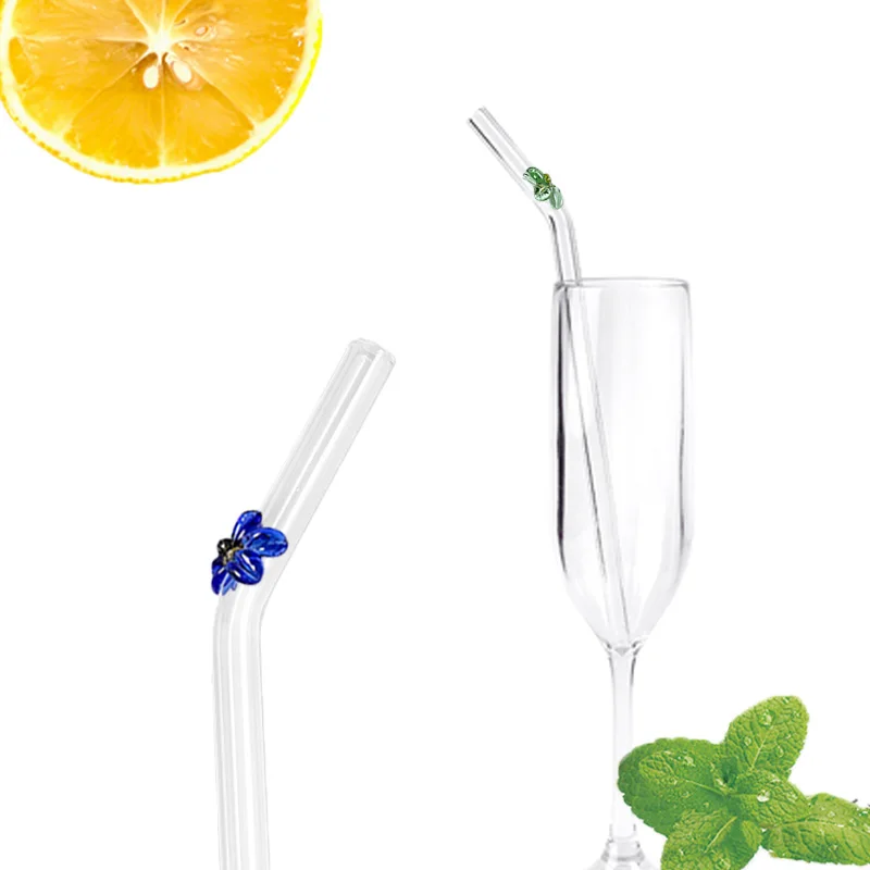 5 Pcs Reusable Glass Straws,Colorful Butterfly on Clear Straws With Design  7.9in X 8mm Shatter Resistant Bent Drinking Straws with 2 Cleaning Brushes