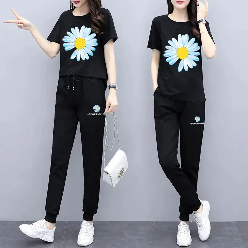 Fashion Women's Set 2024 Spring/Summer New Casual Large Korean Loose Pants Short Sleeve Two Piece Set