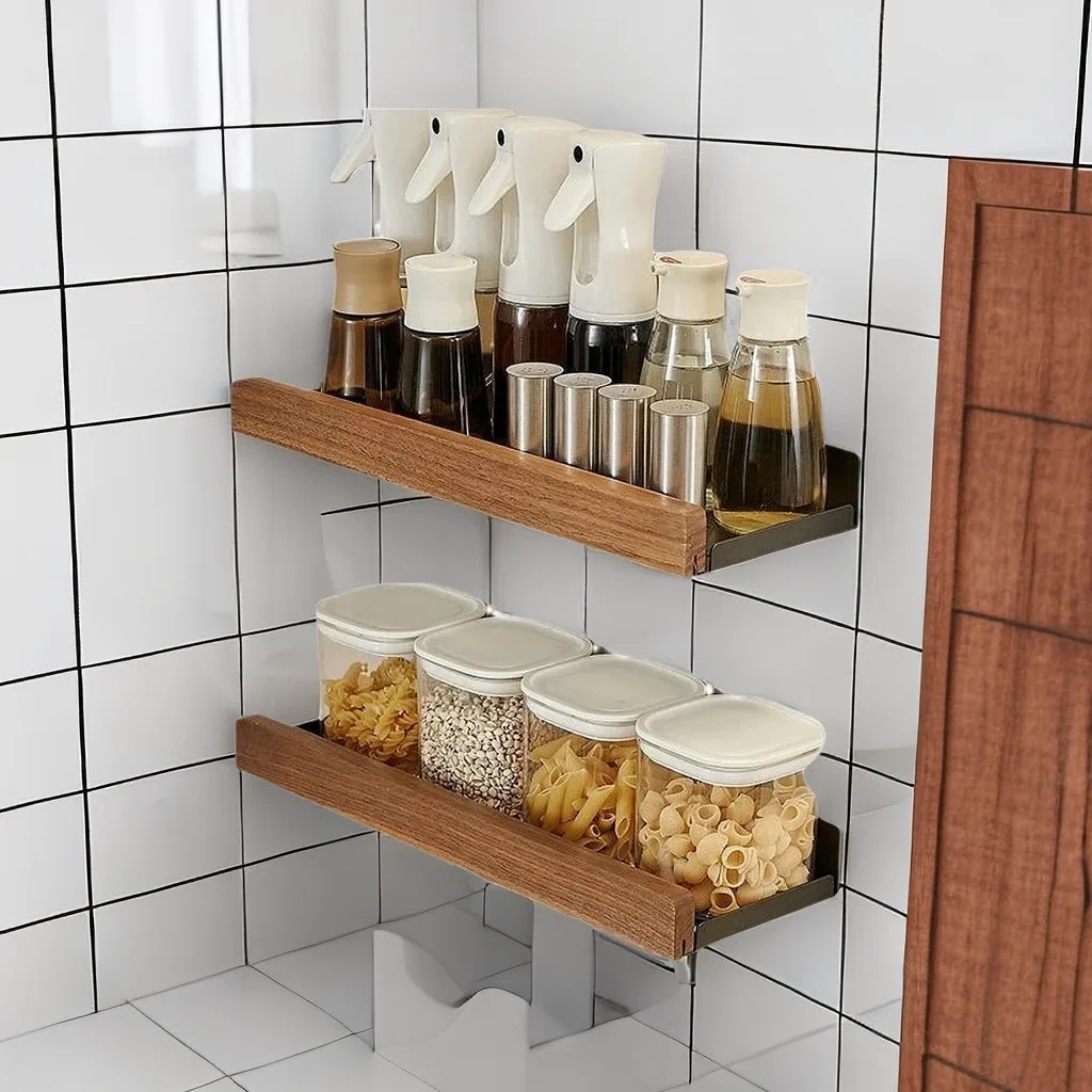 organizer kitchen ，Wooden Kitchen Rack Wall-Mounted Punch-Free Household Rack Seasoning Board Storage Rack，Kitchen Accessories