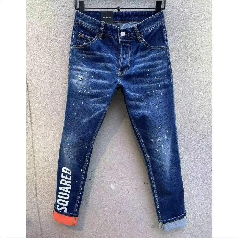 

Men's Trendy Casual High Street Wear Cotton Denim Fabric Pants Letter Printing Skinny Hole Jeans 108#
